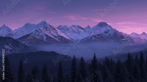 The first light of dawn casting a soft purple hue over snow-capped mountain peaks, contrasted by a dark, dense forest below.