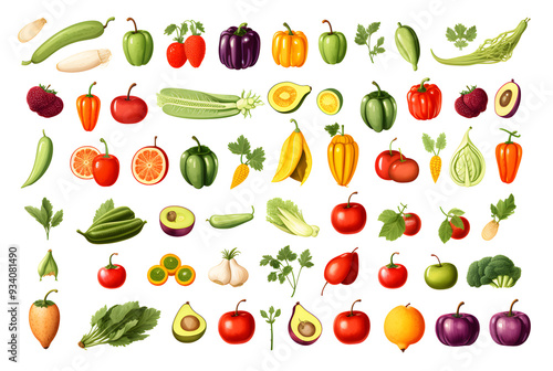 Set of different fresh vegetables and fruits isolated on transparent background