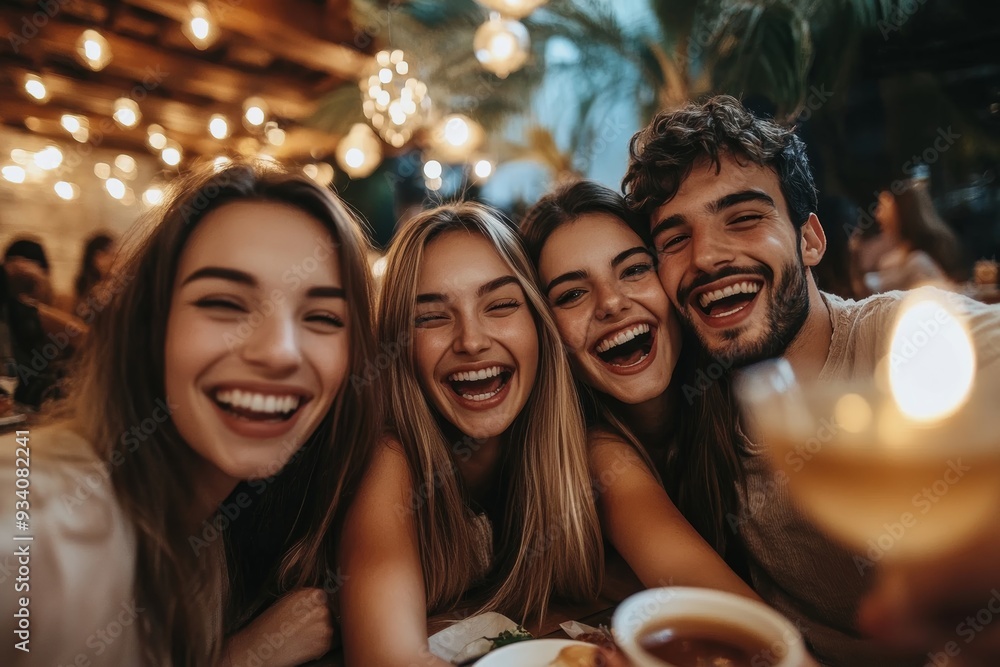 Group of young friends having fun in restaurant talking, laughing while dining at table and making selfie, Generative AI Group of young friends having fun in restaurant talking, laughing while dining at table and making selfie, Generative AI