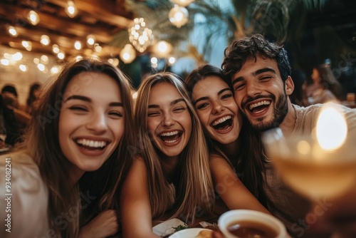 Group of young friends having fun in restaurant talking, laughing while dining at table and making selfie, Generative AI