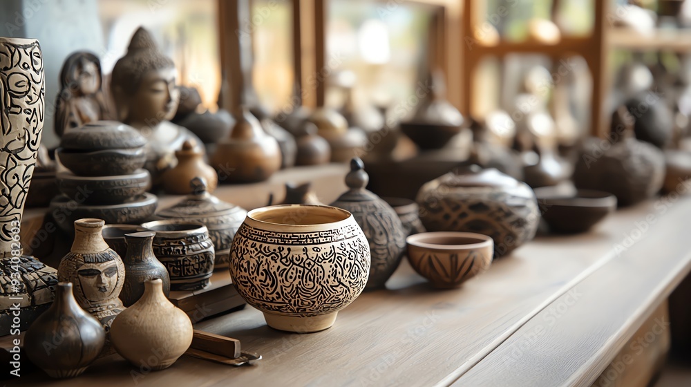 Fototapeta premium A collection of handmade pottery displayed on a wooden shelf, showcasing intricate designs and various shapes.