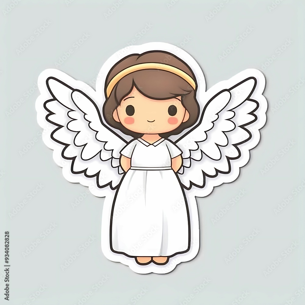 Cute cartoon angel character with wings, dressed in white, standing on a light gray background Cute cartoon angel character with wings, dressed in white, standing on a light gray background
