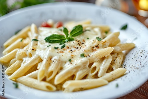 a plate of italian pasta with white bechamel sauce photo