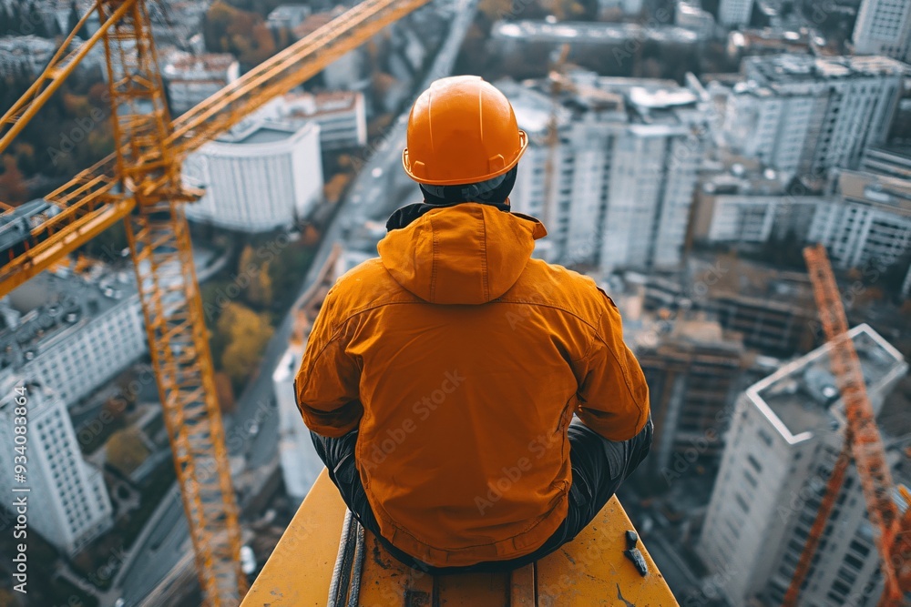 Construction worker taking a break while sitting on a high ledge, overlooking a busy urban skyline with cranes in the background during late afternoon Construction worker taking a break while sitting on a high ledge, overlooking a busy urban skyline with cranes in the background during late afternoon