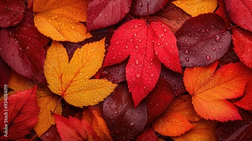 Vibrant autumn leaves in shades of red, orange, and yellow, scattered with fresh rain droplets, creating a soothing natural palette. photo