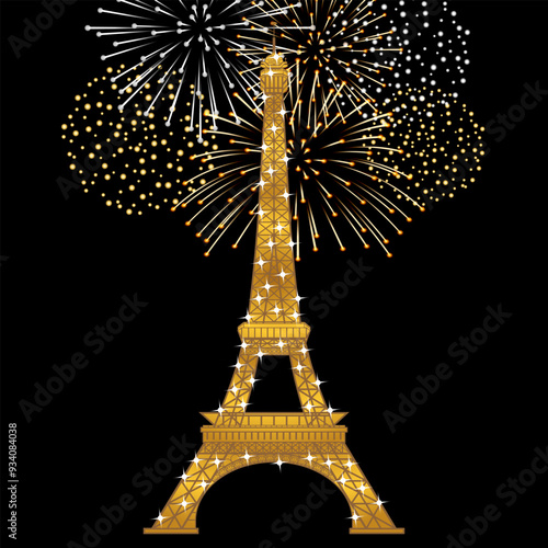 Ambiance de fêtes nocturnes à Paris en France, avec la tour Eiffel scintillant de mille lumières devant un feu d’artifices dans les tons or sur un fond noir.