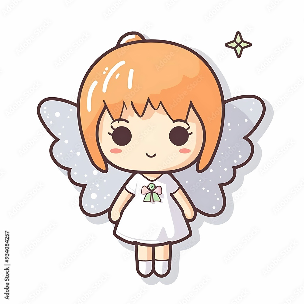 Cute fairy character with orange hair and shimmering wings in a simple white dress Cute fairy character with orange hair and shimmering wings in a simple white dress