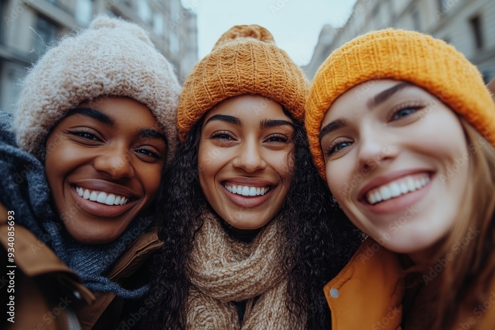 Multicultural happy friends having fun taking group selfie portrait on city street - Multiracial young people celebrating laughing together outdoors -, Generative AI Multicultural happy friends having fun taking group selfie portrait on city street - Multiracial young people celebrating laughing together outdoors -, Generative AI