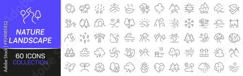 Nature and landscape line icons collection. Thin outline icons pack. UI icon collection. Set of line web pictogram