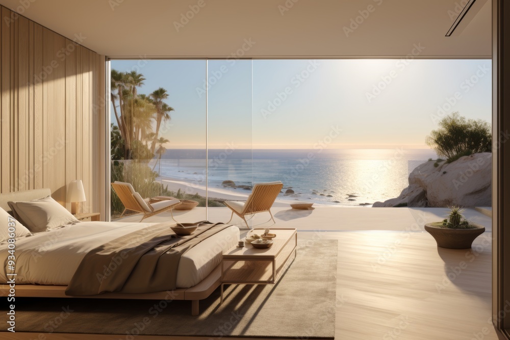 Fototapeta premium Modern Beachfront Bedroom with Ocean View