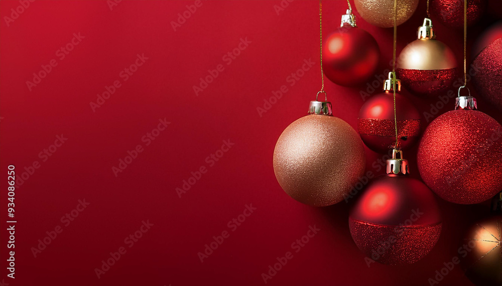 Red Christmas background with fir branches, lights and decorations .
Red Christmas background with fir branches, lights and decorations .