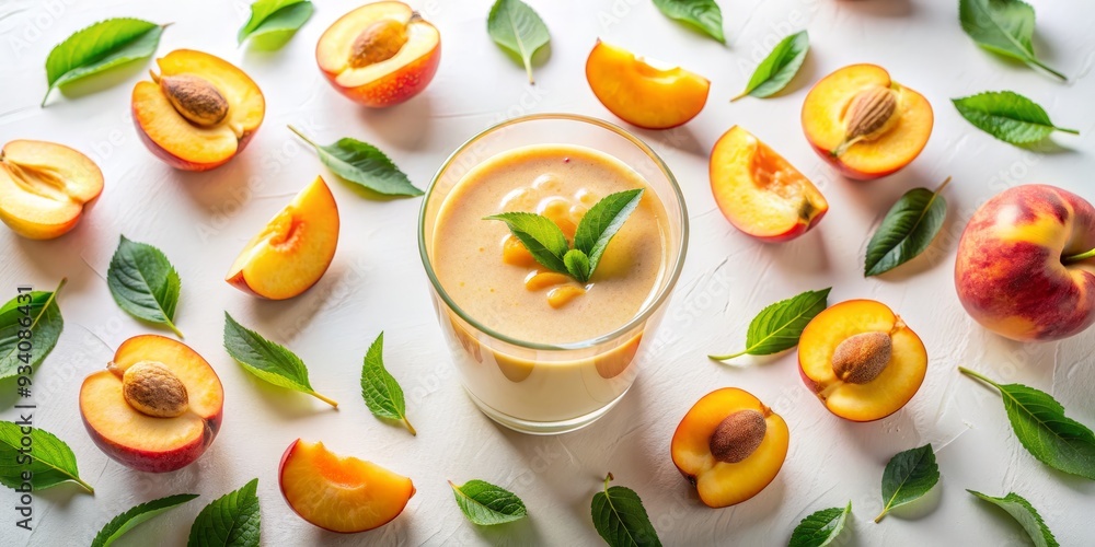 Peach Smoothie with Fresh Leaves, Flat Lay Photography, White Background, Fruit, Healthy, Peach Smoothie, Fruit Smoothie Peach Smoothie with Fresh Leaves, Flat Lay Photography, White Background, Fruit, Healthy, Peach Smoothie, Fruit Smoothie