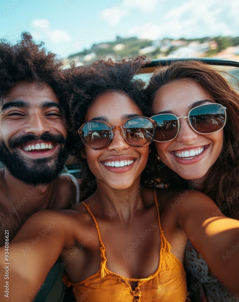 Multi ethnic friends taking a selfie near the car, Generative AI Multi ethnic friends taking a selfie near the car, Generative AI