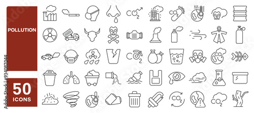 Set of 50 line icons related to pollution, car exhaust, carbon dioxide, waste, sewage, dust, noise, net zero, mask, smog, Editable stroke. Vector illustration