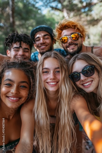 Multiethnic group of friends taking a selfie outdoors. Young people addicted to technology using mobile app to take photos looking at camera. Copy space, Generative AI