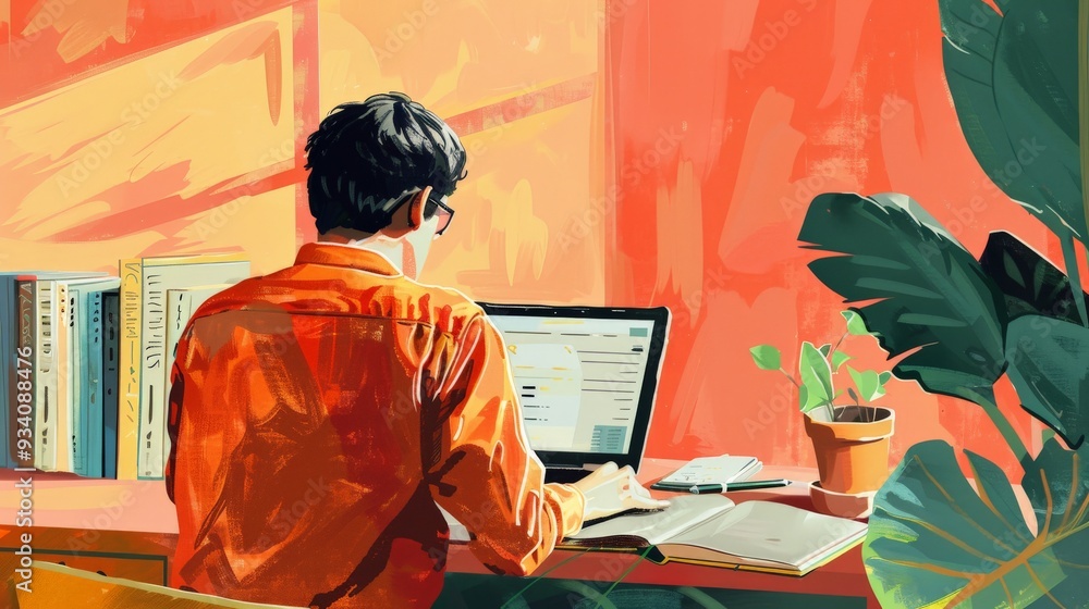 Man working on laptop with book and plant. Man working on laptop with book and plant.