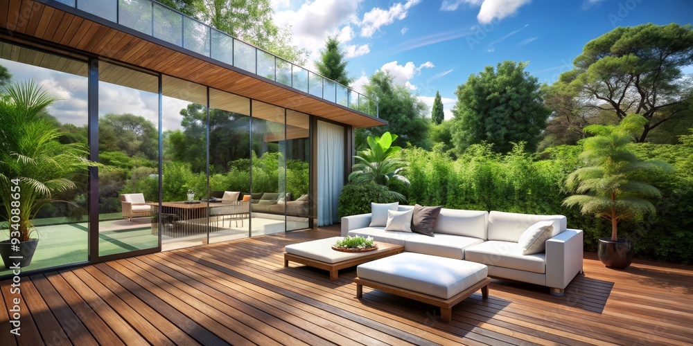 Fototapeta premium Modern Patio with Wooden Deck and Lush Greenery, deck , patio , furniture , design