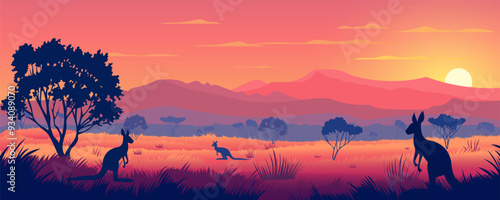 Beautiful Australian landscape with kangaroos at sunset. Vector illustration of amazing wild nature of Australian savannah, kangaroos, mountains, trees and amazing sunset. Australian Safari Park.
