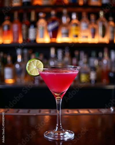 A striking cosmopolitan cocktail garnished with a lime slice, served in a martini glass, glowing under the warm, ambient light of an upscale bar.