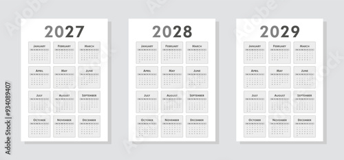 Set of calendars 2027, 2028, 2029 years. Black and white vertical classic A4 calendar templates. Week starts Monday. Yearly planner layout with 12 month. Vector illustration