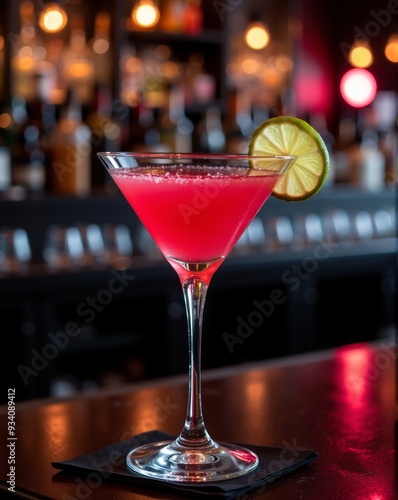 A striking cosmopolitan cocktail garnished with a lime slice, served in a martini glass, glowing under the warm, ambient light of an upscale bar. photo