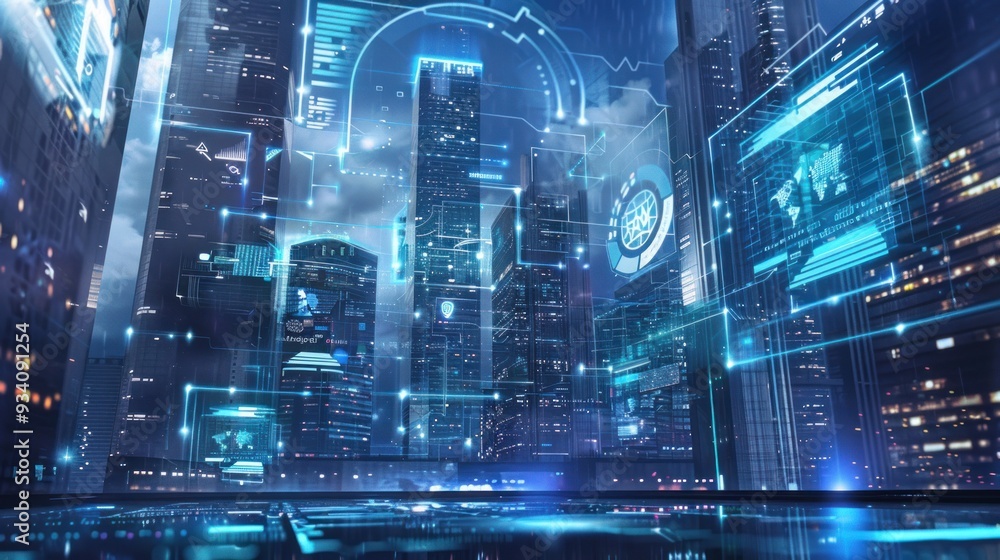 Fototapeta premium Cybersecurity and Global Data Security in a Futuristic Cityscape