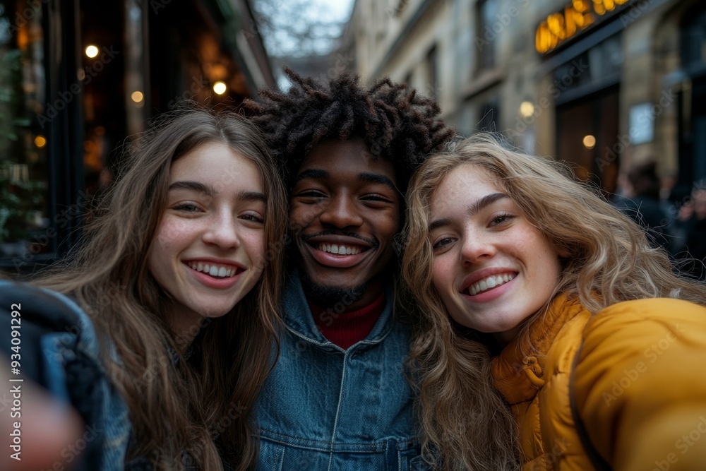 Diverse young friends taking selfies together in a cafe courtyard, Generative AI Diverse young friends taking selfies together in a cafe courtyard, Generative AI