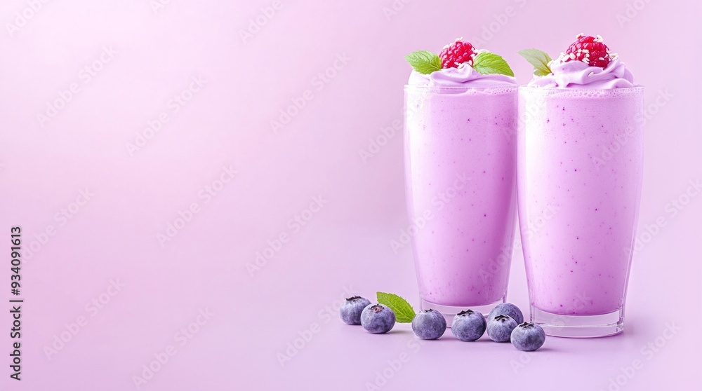 Two tall glasses of pink berry milkshakes, topped with raspberries, whipped cream, and mint leaves Two tall glasses of pink berry milkshakes, topped with raspberries, whipped cream, and mint leaves