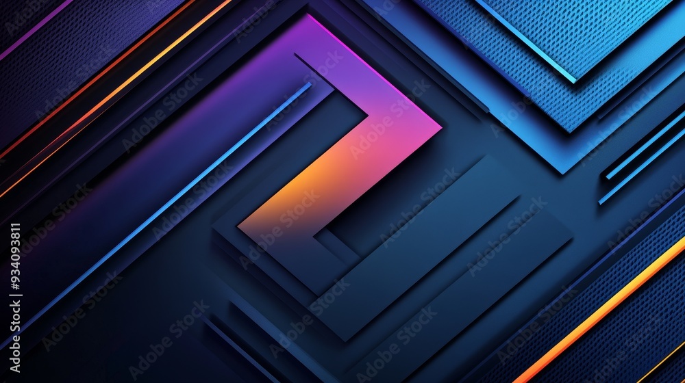 Obraz premium A vibrant abstract design featuring layered geometric shapes with gradients and contrasting colors, ideal for digital backgrounds.