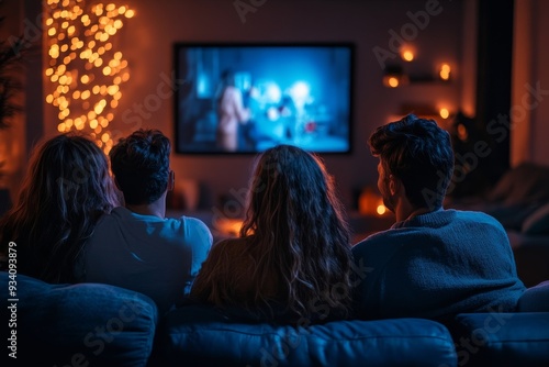Group best friends sitting at home on pleasant evening and watching a comedy movie .Watching late night show, Generative AI