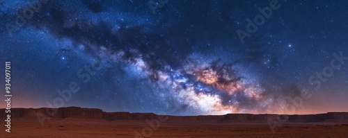 Long exposure of the Milky Way over a desert landscape, galactic background, astrophotography clarity