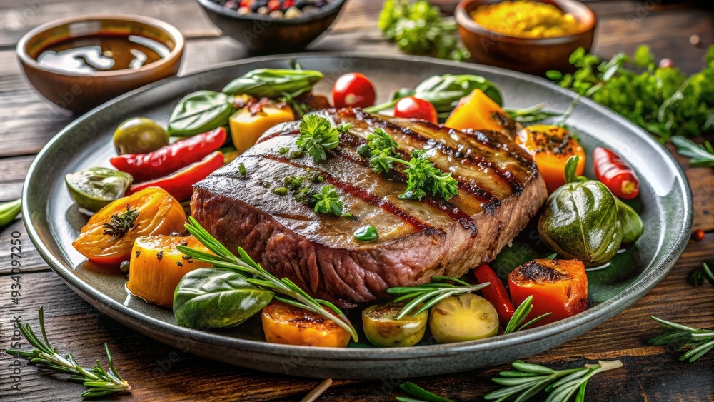 Juicy grilled shoulder steak served on a plate with roasted vegetables, garnished with fresh herbs, and drizzled with a rich savory sauce. Juicy grilled shoulder steak served on a plate with roasted vegetables, garnished with fresh herbs, and drizzled with a rich savory sauce.