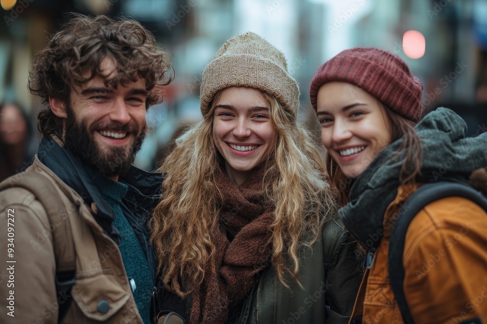 Happy hipster friends hangout on city street, Generative AI Happy hipster friends hangout on city street, Generative AI