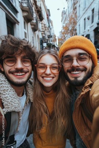 Happy friends taking selfie on street, Generative AI