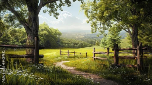 Path Through Green Meadow with Wooden Fence.