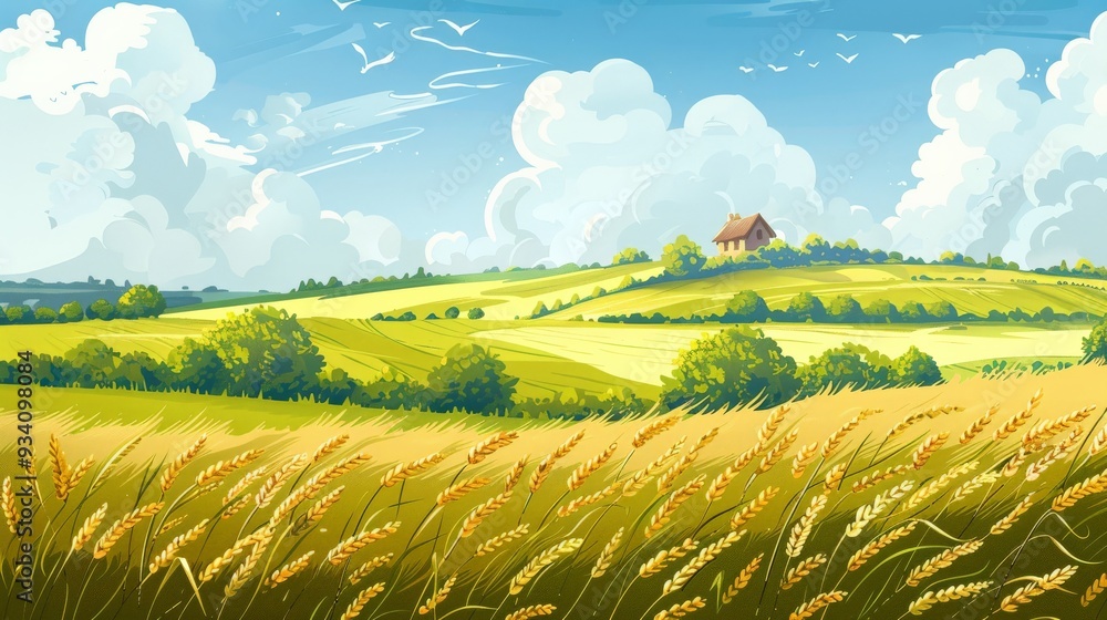Summer Wheat Field with House on Hill. Summer Wheat Field with House on Hill.