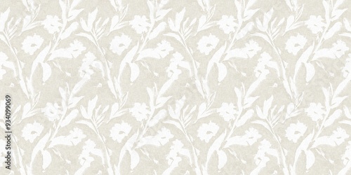 Seamless french gender neutral floral linen printed fabric border background. Light mottled white on grey cottage core block print pattern. Shabby chic woven duotone cloth effect.