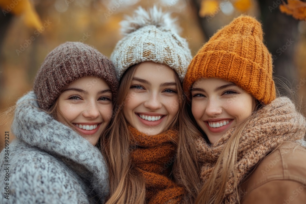 Young pretty girls having fun outdoors in autumn background. Cheerful friends in the fall time, Generative AI Young pretty girls having fun outdoors in autumn background. Cheerful friends in the fall time, Generative AI