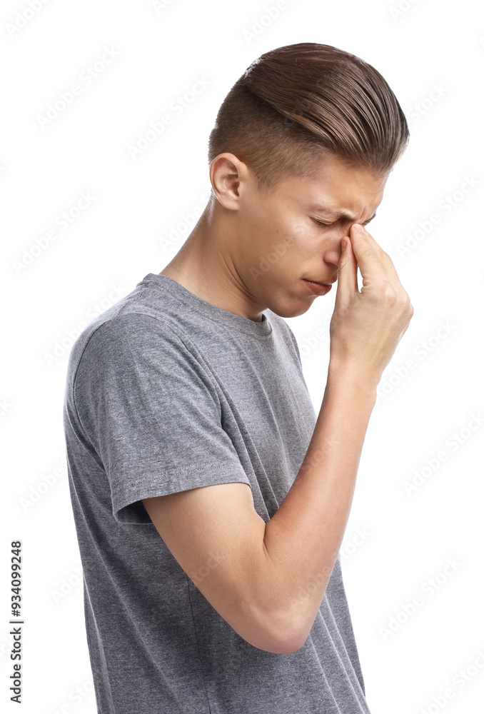 Young man suffering from sinusitis on white background Young man suffering from sinusitis on white background