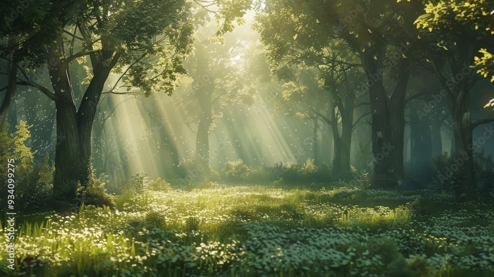 Obraz premium Sunbeams Through a Forest Clearing.