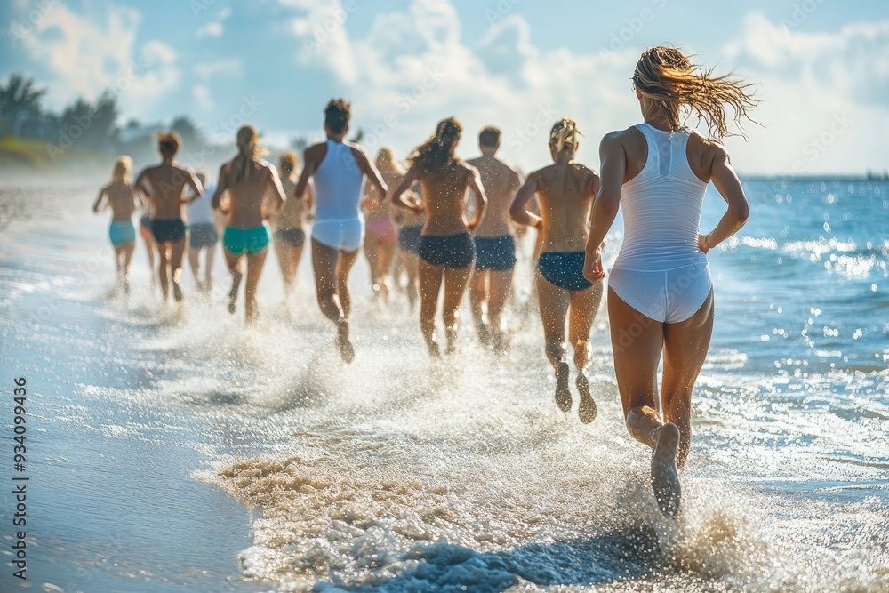 Fotografie people group running on the beach, Generative AI