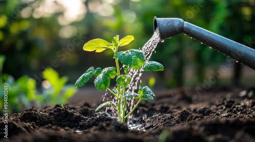 A single young plant growing in a soil bed, being nurtured by a gentle stream of water from a watering can.