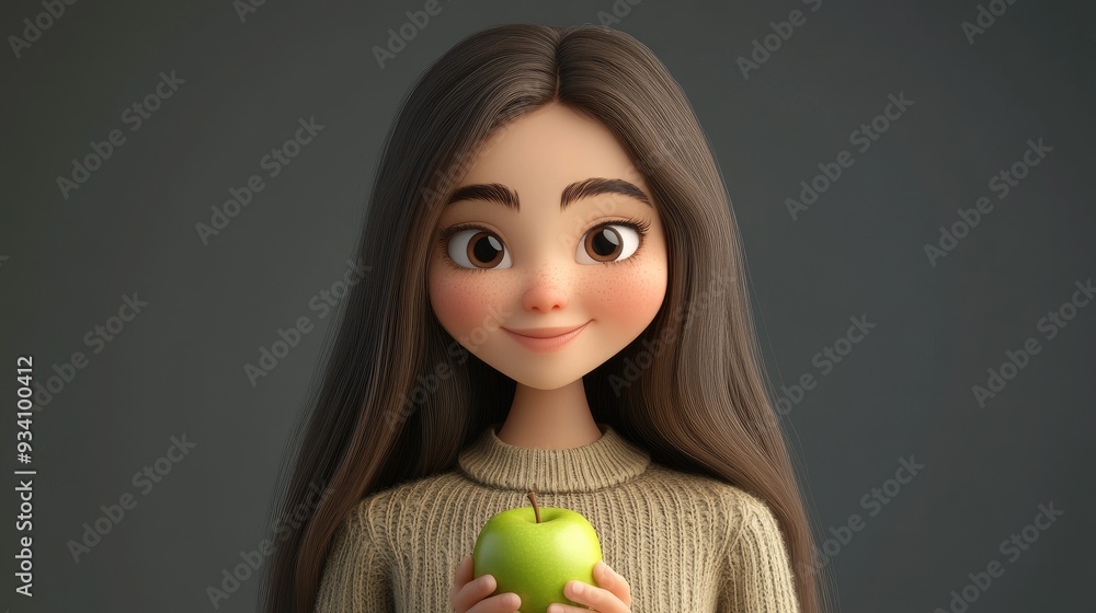 3D cartoon portrait of a young teenage girl with long brown hair happily munching on a green apple against a cool gray backdrop 3D cartoon portrait of a young teenage girl with long brown hair happily munching on a green apple against a cool gray backdrop