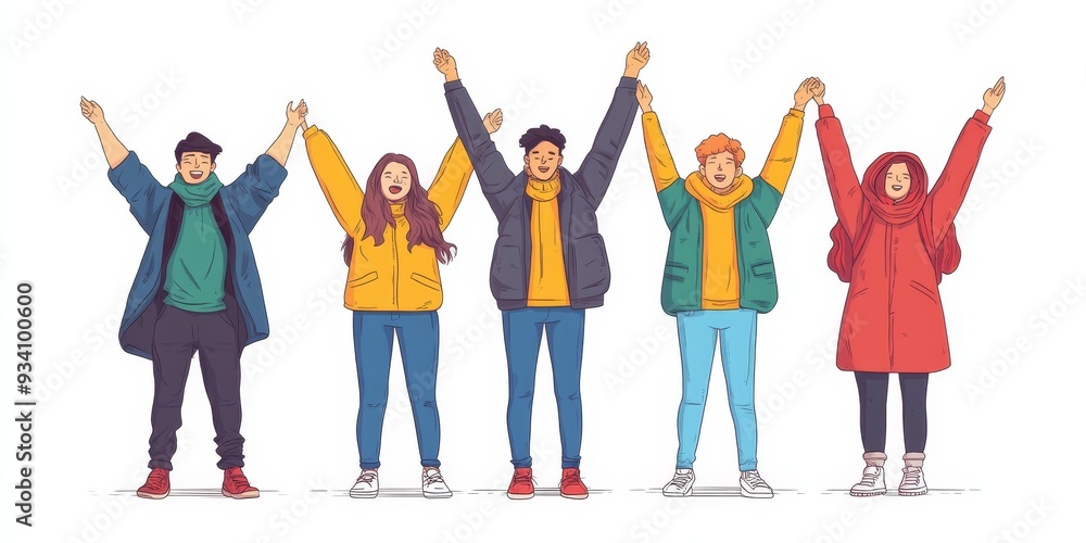 Obraz premium Group of friends stands with raised arms. Colour line drawing illustration, Generative AI