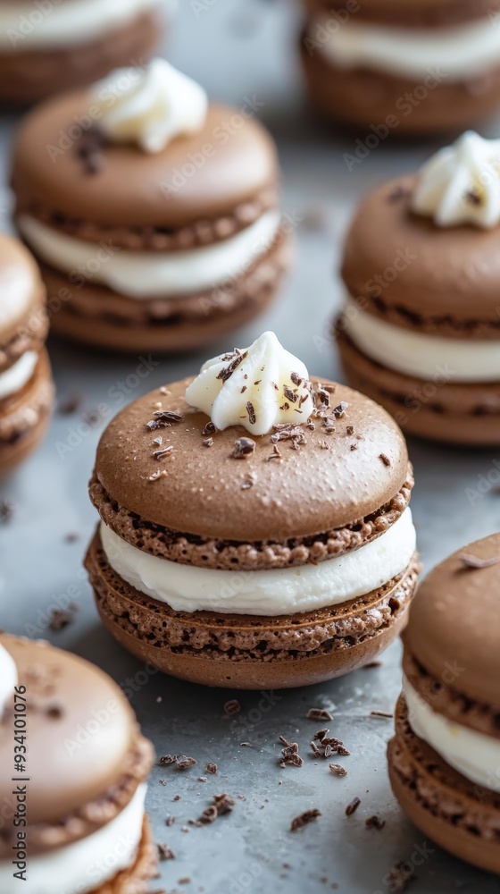 close-up of chocolate macarons with white whipped cream close-up of chocolate macarons with white whipped cream