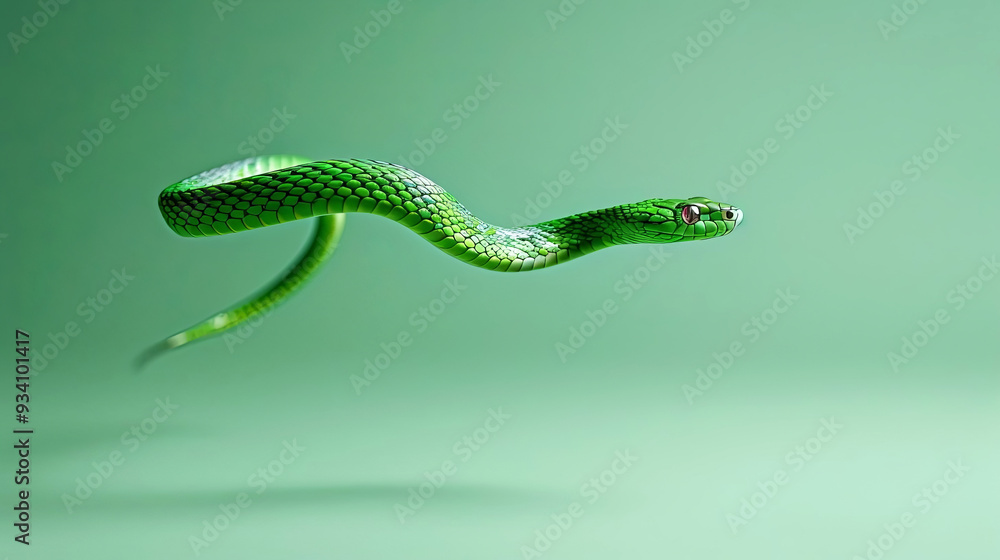 Captivating green snake mid-motion against a matching green background Captivating green snake mid-motion against a matching green background