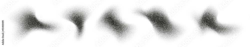 Fluid halftone shapes, abstract liquid stipple forms, black splatter shadows isolated on white. Vector design element.