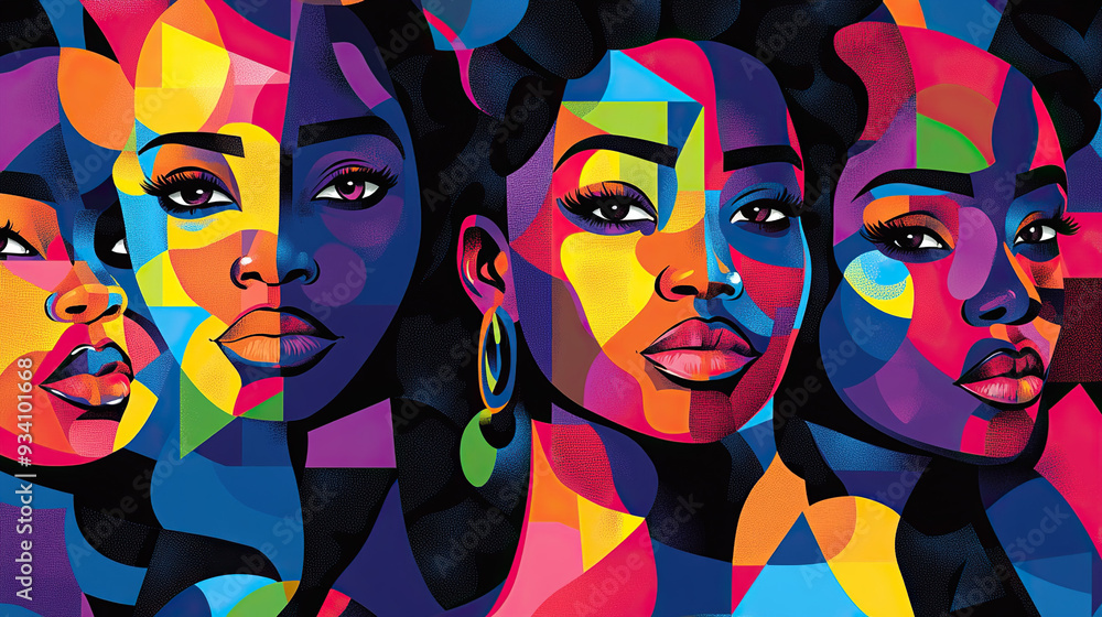 Obraz premium Colorful mosaic of black women's faces with diversity