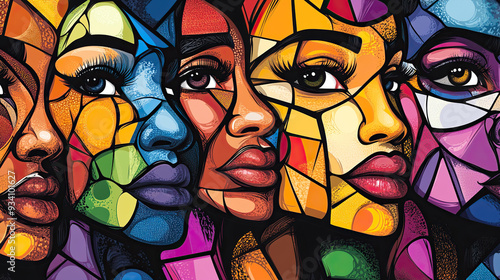 Colorful mosaic of women's faces with a focus on diversity