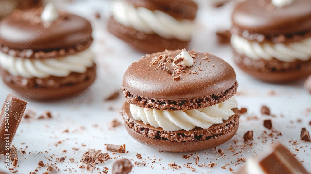 close-up of chocolate macarons with white whipped cream close-up of chocolate macarons with white whipped cream